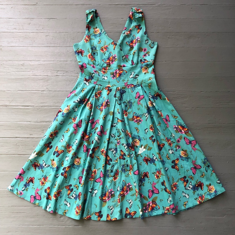 Whispering Ivy ModCloth Butterfly Dress Size L Turquoise Pin Up Fairy Sleeveless